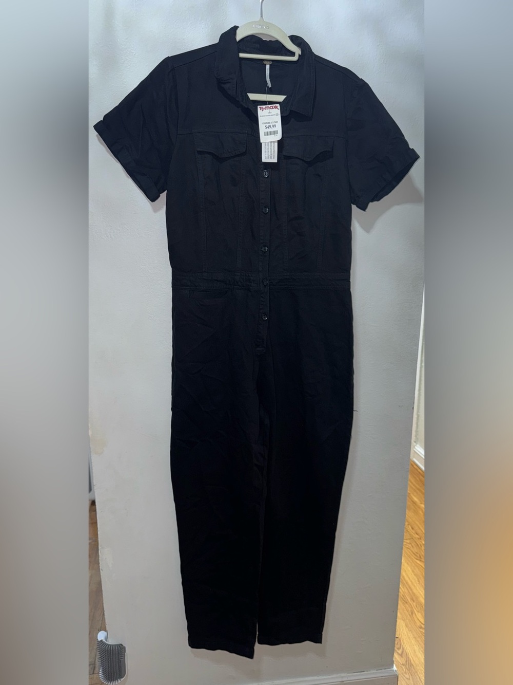 Black Short-Sleeve Button-Front Midi Shirt Dress